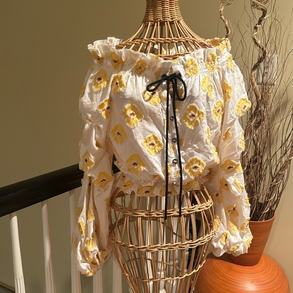 Caroline Constas White Top with Yellow Floral Embroidery